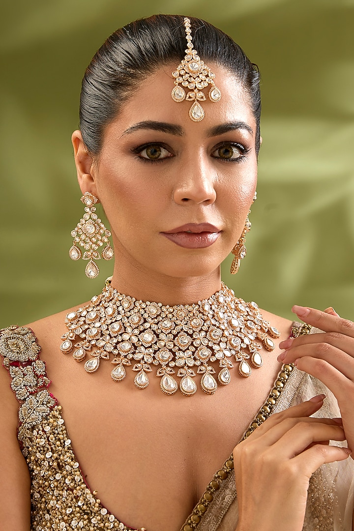 Gold Finish Kundan Polki Necklace Set by Zevar By Geeta at Pernia's Pop Up Shop