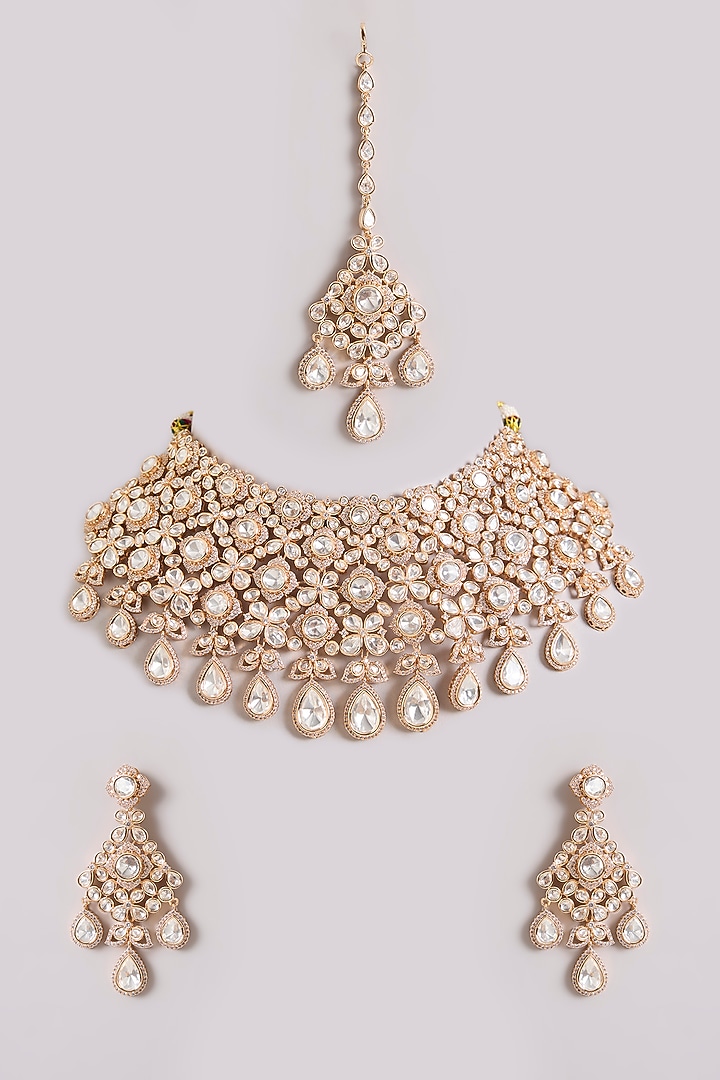 Gold Finish Kundan Polki Necklace Set by Zevar By Geeta at Pernia's Pop Up Shop