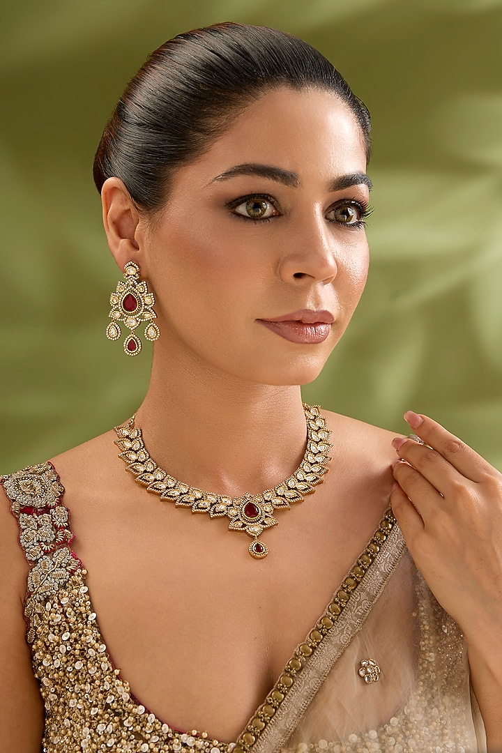 Two-Tone Finish Kundan Polki & Red Stone Necklace Set by Zevar By Geeta at Pernia's Pop Up Shop