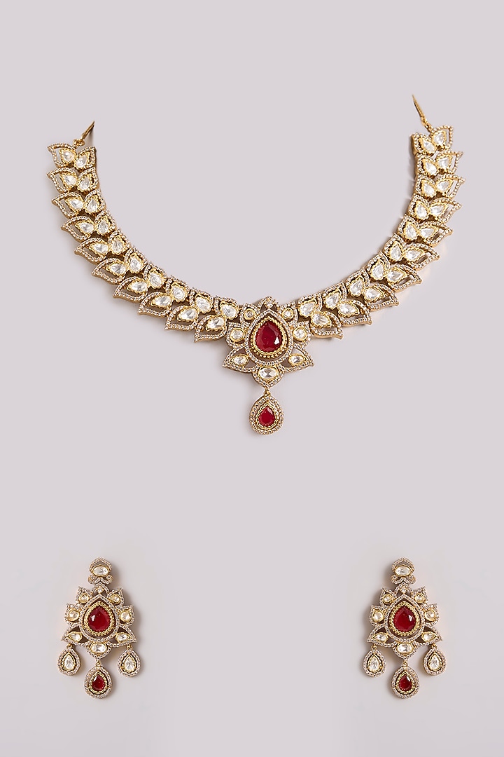 Two-Tone Finish Kundan Polki & Red Stone Necklace Set by Zevar By Geeta at Pernia's Pop Up Shop