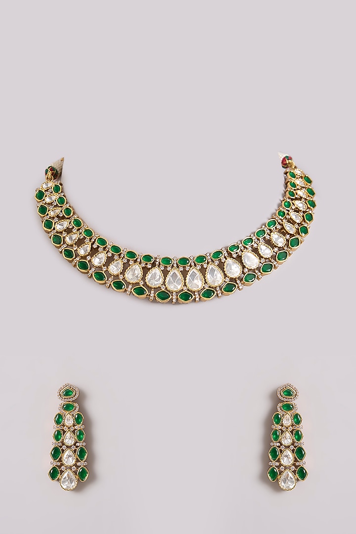 Two-Tone Finish Kundan Polki & Green Stone Necklace Set by Zevar By Geeta at Pernia's Pop Up Shop