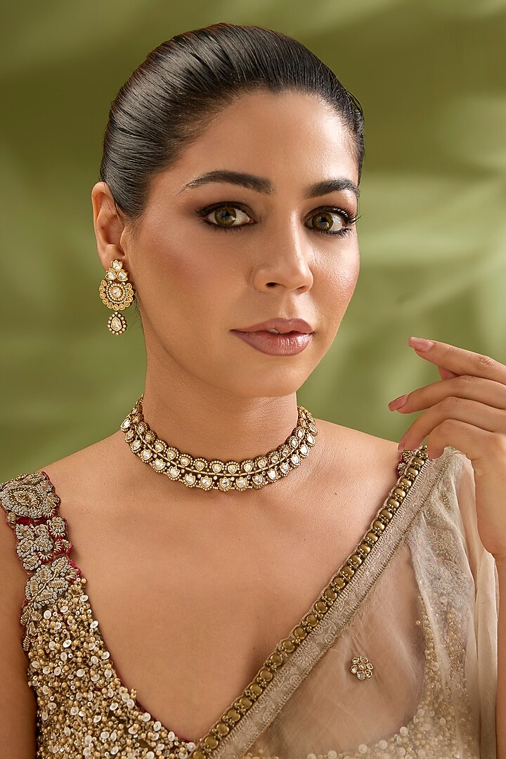 Two-Tone Finish Kundan Polki & Green Stone Necklace Set by Zevar By Geeta at Pernia's Pop Up Shop