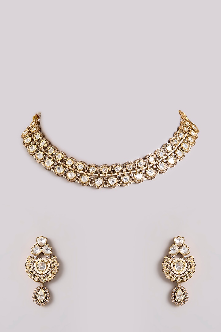 Two-Tone Finish Kundan Polki & Green Stone Necklace Set by Zevar By Geeta at Pernia's Pop Up Shop