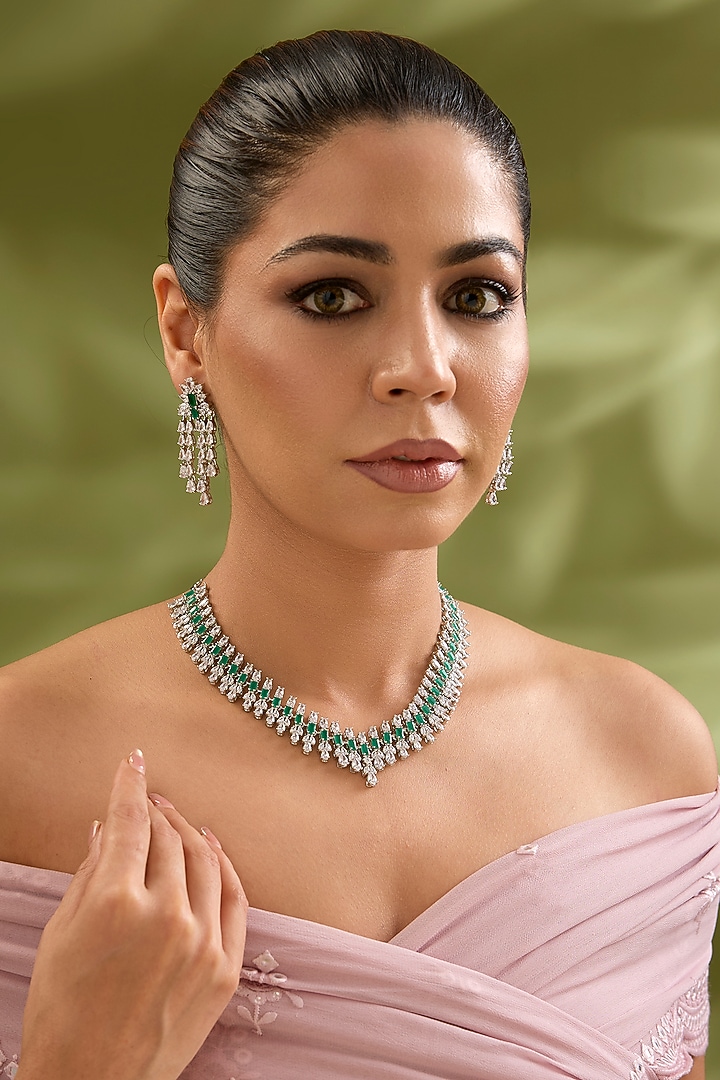 White Finish Diamond & Emerald Stone Necklace Set by Zevar By Geeta at Pernia's Pop Up Shop