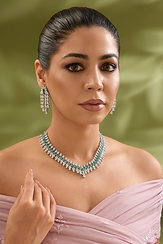 White Finish Diamond & Emerald Stone Necklace Set by Zevar By Geeta