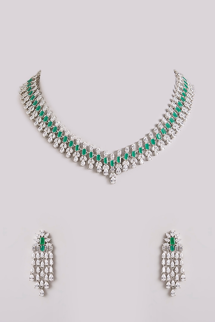 White Finish Diamond & Emerald Stone Necklace Set by Zevar By Geeta at Pernia's Pop Up Shop