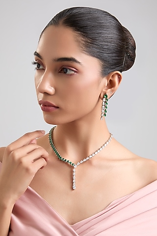 White Finish Diamond & Emerald Stone Necklace Set by Zevar By Geeta