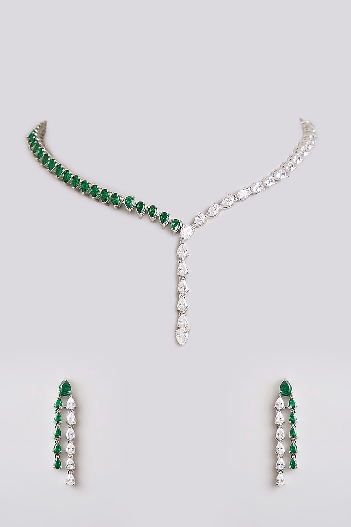 White Finish Diamond & Emerald Stone Necklace Set by Zevar By Geeta at Pernia's Pop Up Shop