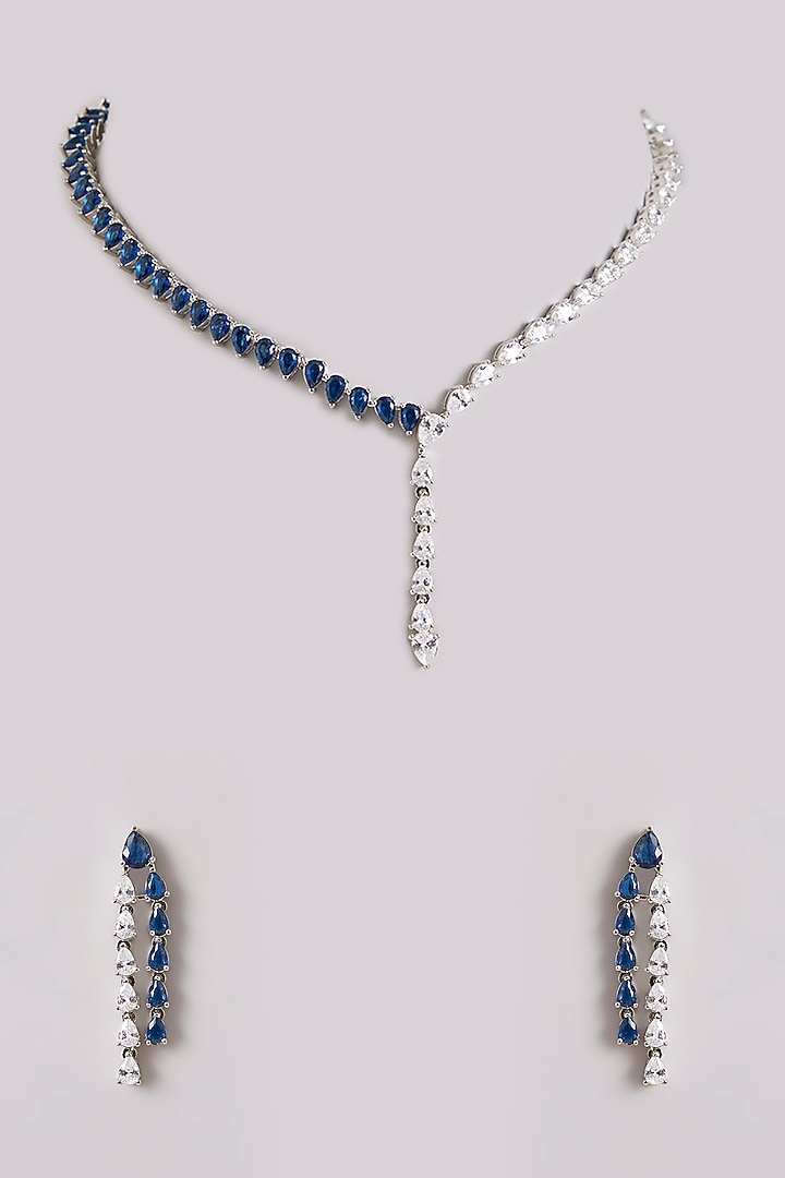White Finish Diamond & Sapphire Stone Necklace Set by Zevar By Geeta at Pernia's Pop Up Shop