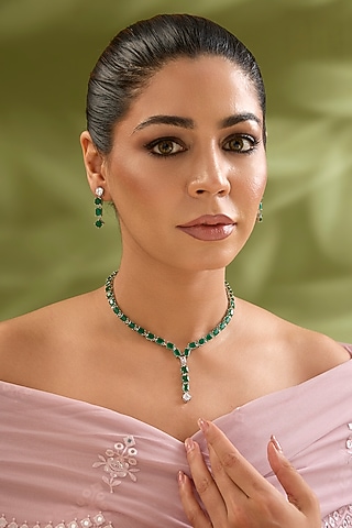 White Finish Diamond & Emerald Stone Necklace Set by Zevar By Geeta