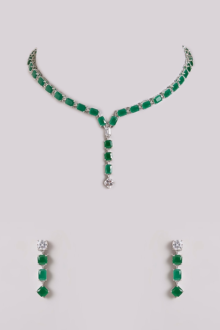 White Finish Diamond & Emerald Stone Necklace Set by Zevar By Geeta at Pernia's Pop Up Shop