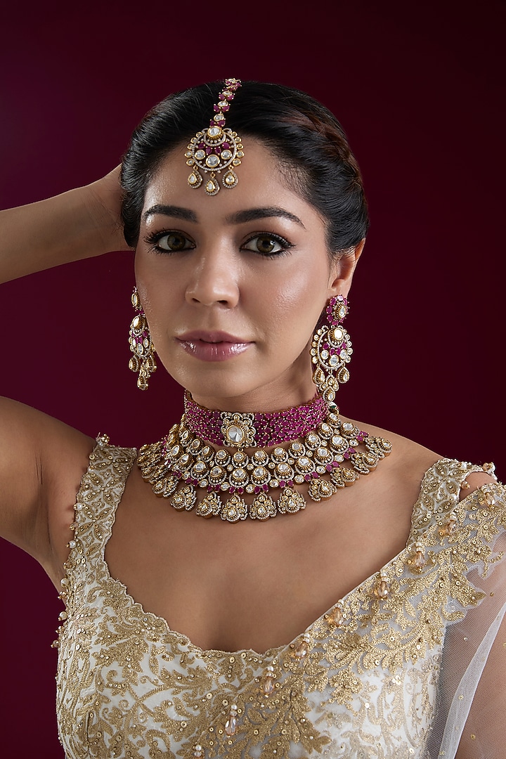 Two Tone Finish Kundan Polki & Red Stone Necklace Set by Zevar by Geeta at Pernia's Pop Up Shop