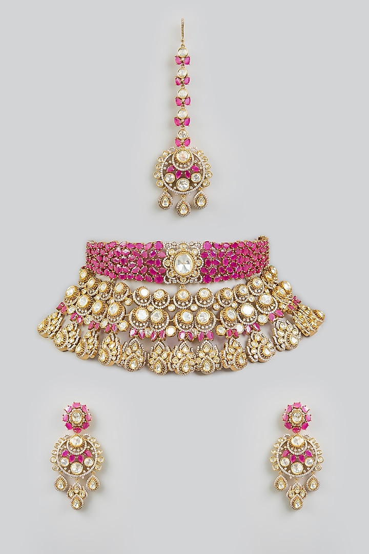 Two Tone Finish Kundan Polki & Red Stone Necklace Set by Zevar by Geeta at Pernia's Pop Up Shop