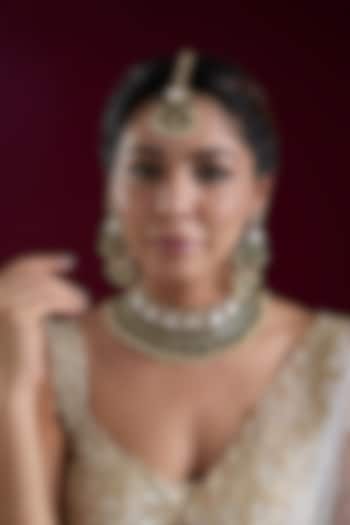 Two Tone Finish Kundan Polki & Green Stone Necklace Set by Zevar by Geeta at Pernia's Pop Up Shop