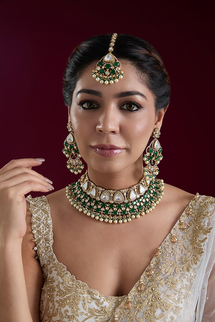 Two Tone Finish Kundan Polki & Green Stone Necklace Set by Zevar by Geeta at Pernia's Pop Up Shop