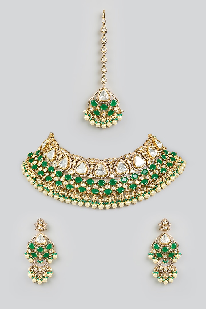 Two Tone Finish Kundan Polki & Green Stone Necklace Set by Zevar by Geeta at Pernia's Pop Up Shop