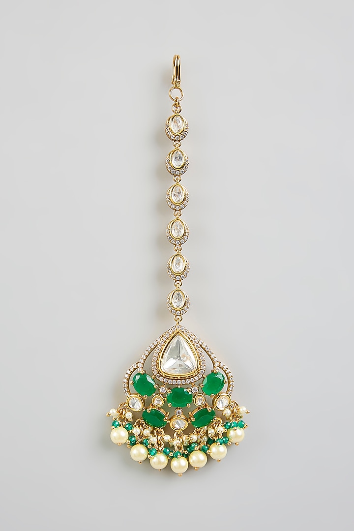 Two Tone Finish Kundan Polki & Green Stone Necklace Set by Zevar by Geeta at Pernia's Pop Up Shop