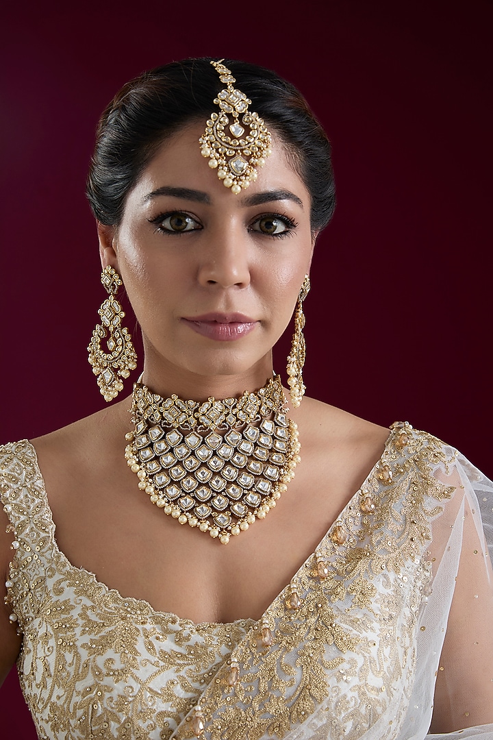 Two Tone Finish Kundan Polki Necklace Set by Zevar by Geeta at Pernia's Pop Up Shop
