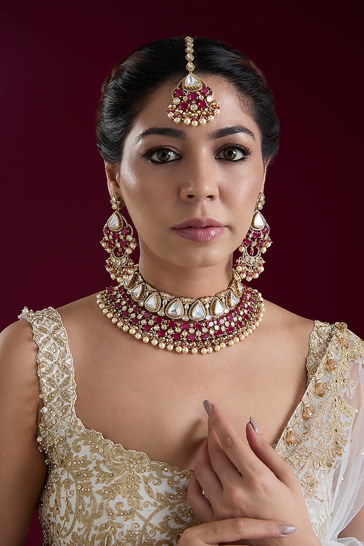 Two Tone Finish Kundan Polki & Red Stone Necklace Set by Zevar by Geeta at Pernia's Pop Up Shop
