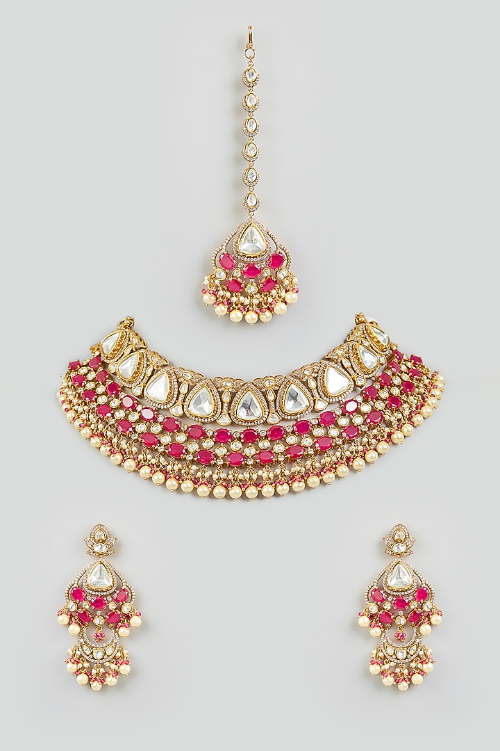 Two Tone Finish Kundan Polki & Red Stone Necklace Set by Zevar by Geeta at Pernia's Pop Up Shop
