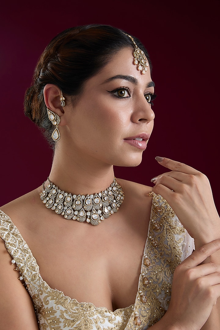 Two Tone Finish Kundan Polki Necklace Set by Zevar by Geeta at Pernia's Pop Up Shop