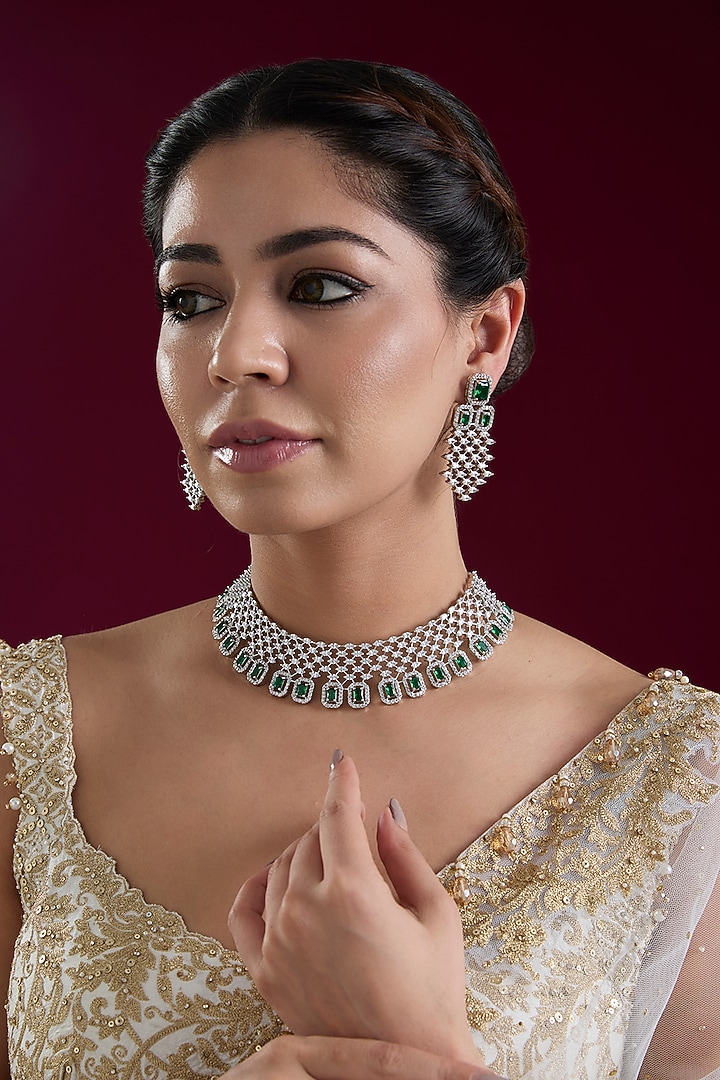 White Finish Diamond & Green Stone Necklace Set by Zevar by Geeta at Pernia's Pop Up Shop