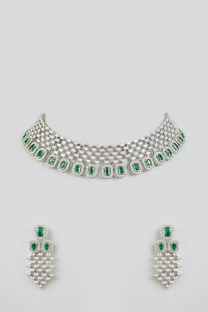 White Finish Diamond & Green Stone Necklace Set by Zevar by Geeta at Pernia's Pop Up Shop