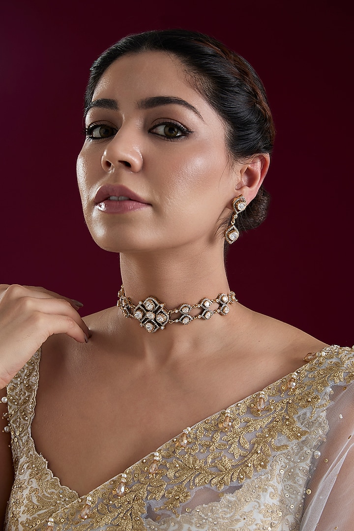 Two Tone Finish Kundan Polki Choker Necklace Set by Zevar by Geeta at Pernia's Pop Up Shop