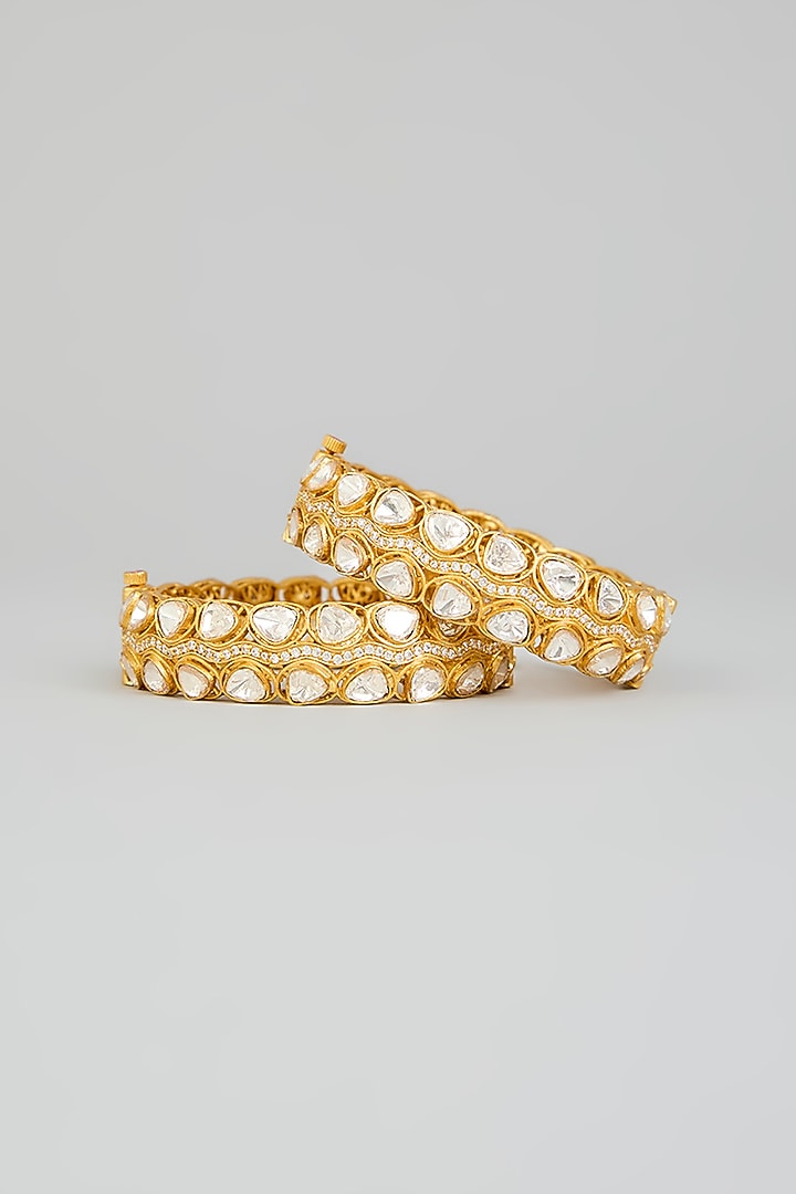 Gold Finish Kundan Polki Bangles (Set Of 2) by Zevar by Geeta at Pernia's Pop Up Shop