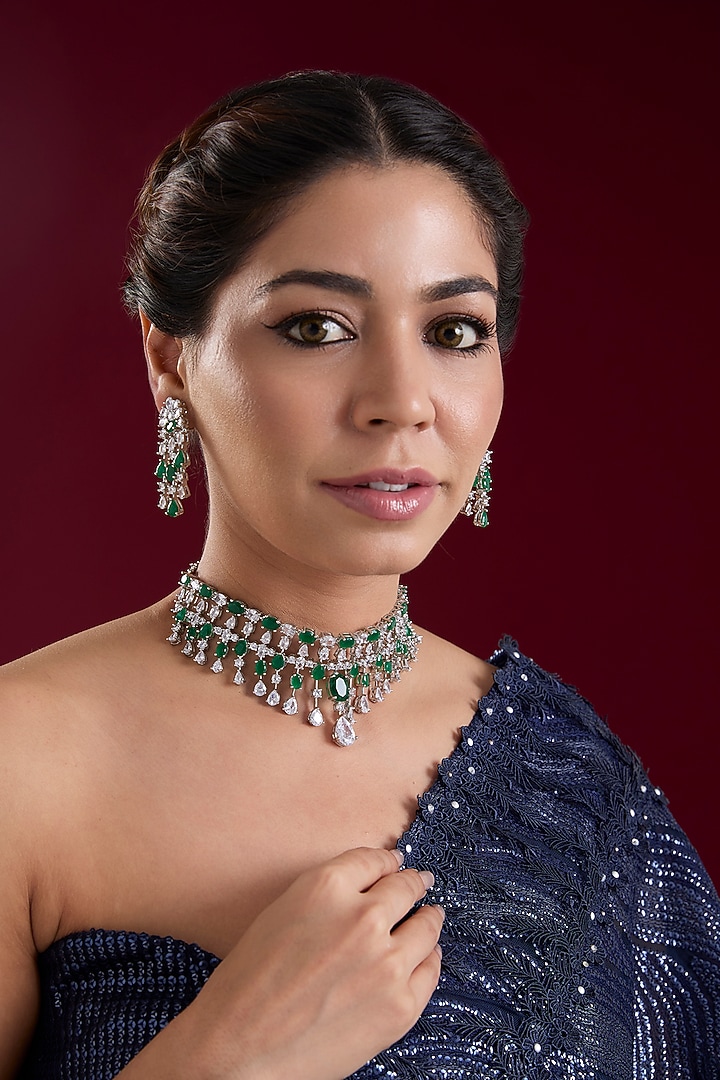 White Finish Diamond & Green Stone Necklace Set by Zevar by Geeta at Pernia's Pop Up Shop