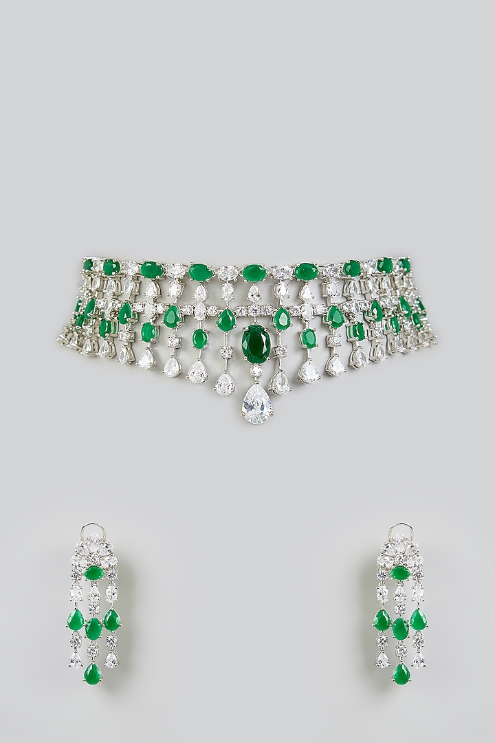 White Finish Diamond & Green Stone Necklace Set by Zevar by Geeta at Pernia's Pop Up Shop