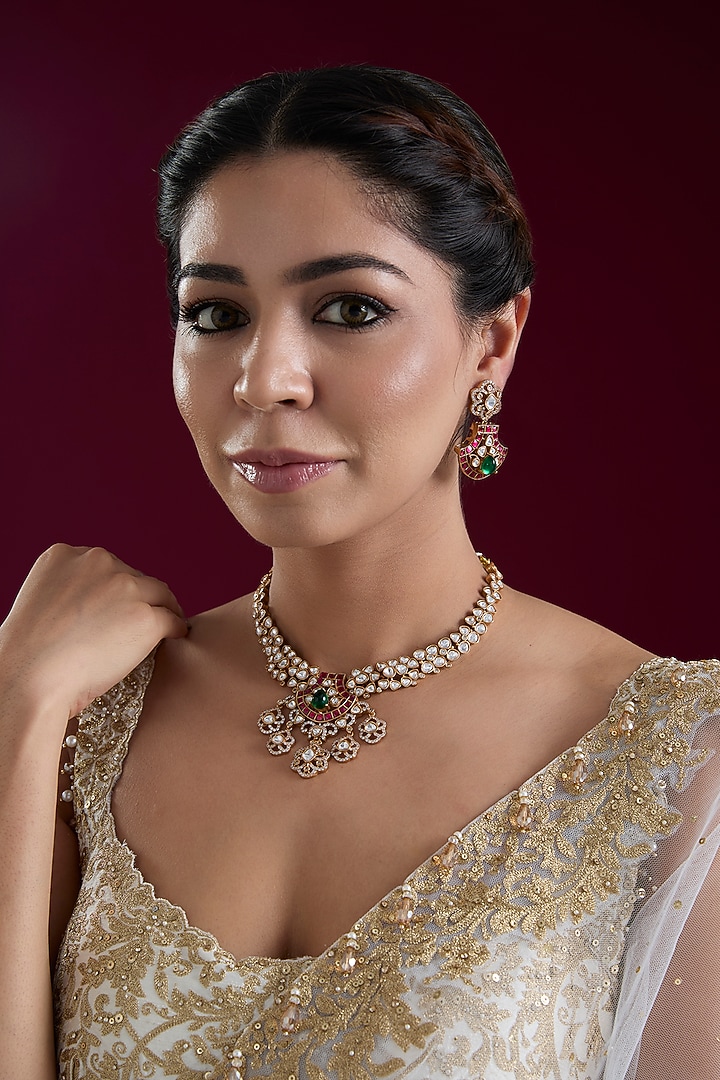 Gold Finish Kundan Polki & Uncut Stone Necklace Set by Zevar by Geeta at Pernia's Pop Up Shop