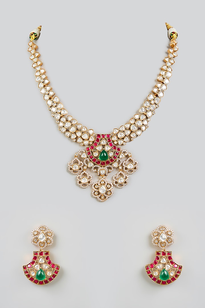 Gold Finish Kundan Polki & Uncut Stone Necklace Set by Zevar by Geeta at Pernia's Pop Up Shop