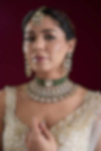 Two Tone Finish Kundan Polki & Green Stone Necklace Set by Zevar by Geeta at Pernia's Pop Up Shop