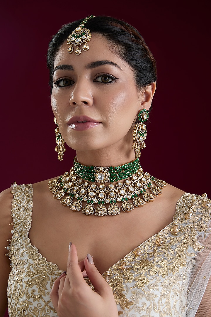 Two Tone Finish Kundan Polki & Green Stone Necklace Set by Zevar by Geeta at Pernia's Pop Up Shop