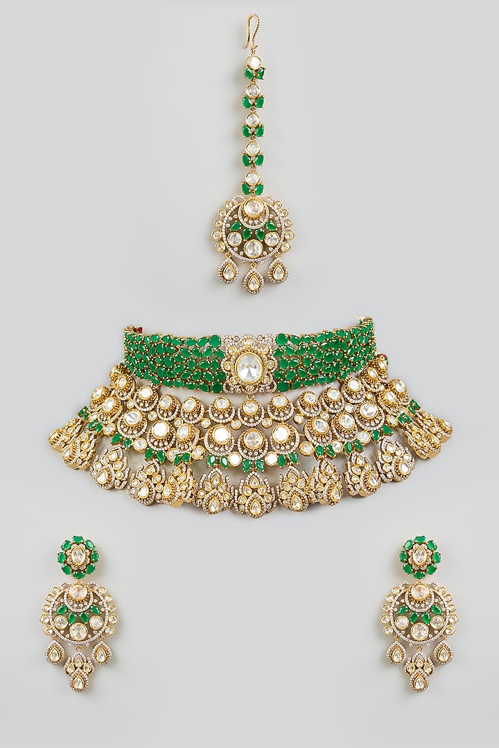 Two Tone Finish Kundan Polki & Green Stone Necklace Set by Zevar by Geeta at Pernia's Pop Up Shop