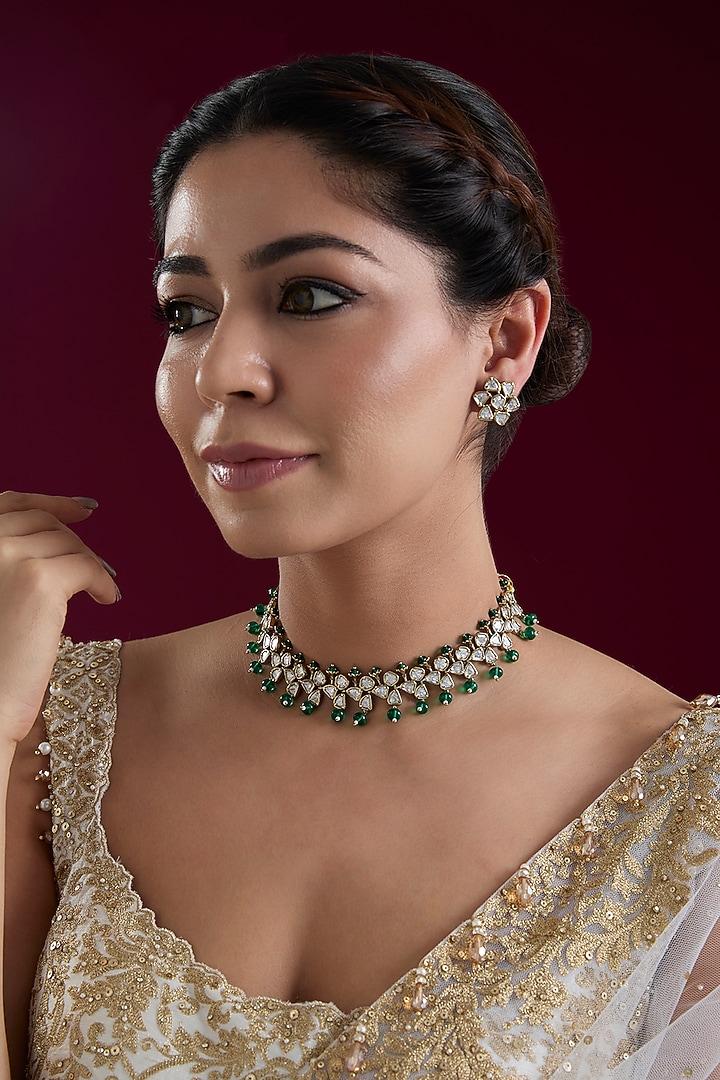 Gold Finish Kundan Polki & Green Pearl Necklace Set by Zevar by Geeta at Pernia's Pop Up Shop
