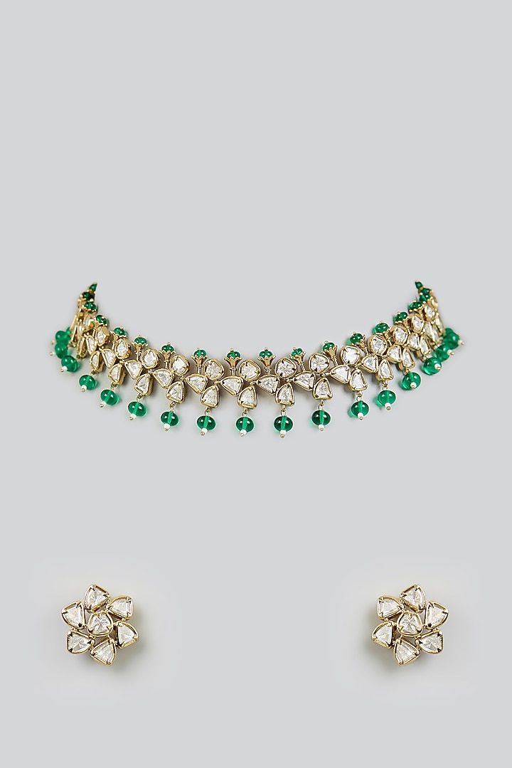 Gold Finish Kundan Polki & Green Pearl Necklace Set by Zevar by Geeta at Pernia's Pop Up Shop