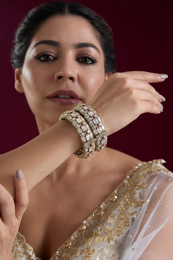 Two Tone Finish Kundan Polki Bangles (Set Of 2) by Zevar by Geeta at Pernia's Pop Up Shop