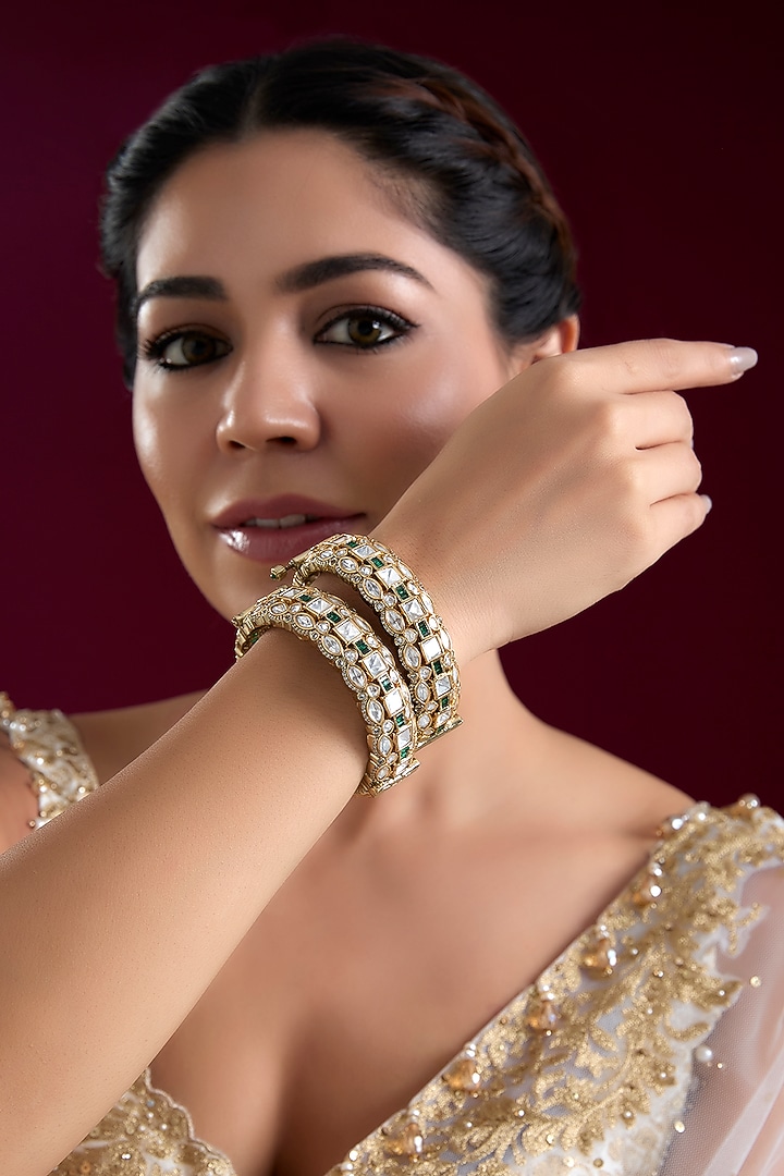Two Tone Finish Kundan Polki Bangles (Set Of 2) by Zevar by Geeta at Pernia's Pop Up Shop