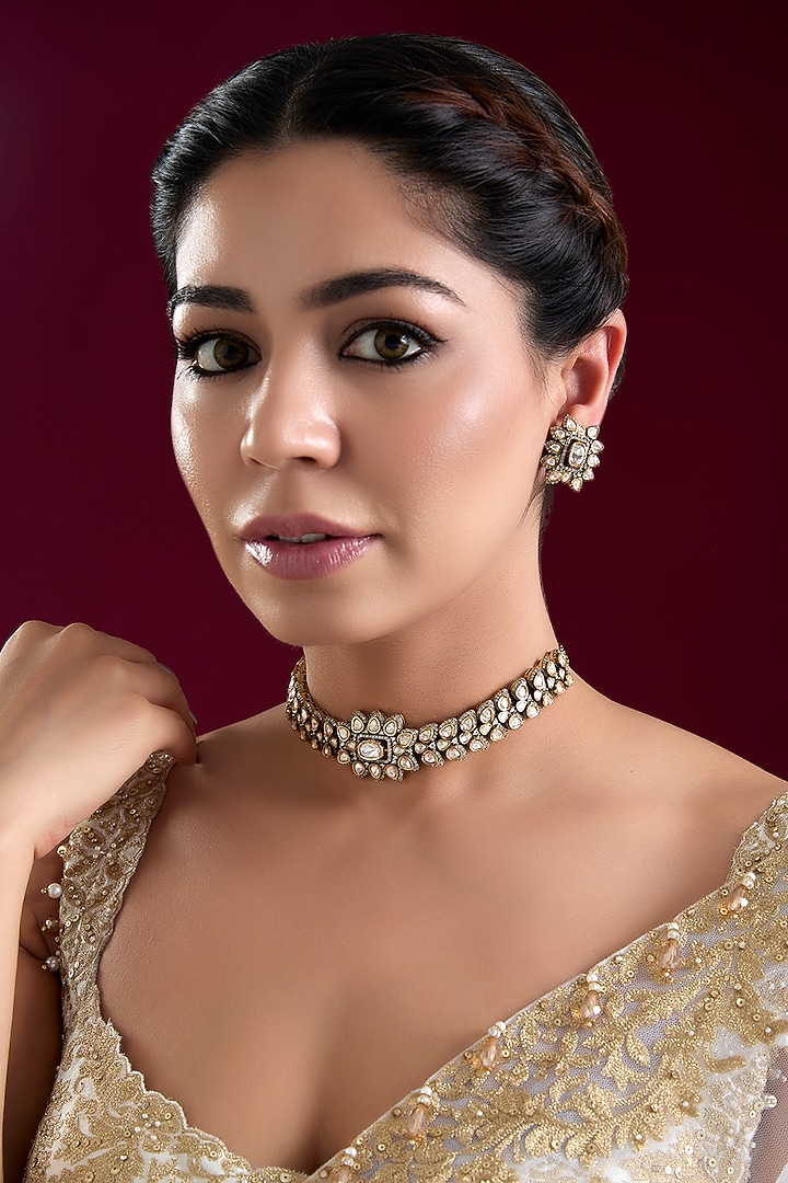 Two Tone Finish Kundan Polki & White Stone Choker Necklace Set by Zevar by Geeta at Pernia's Pop Up Shop