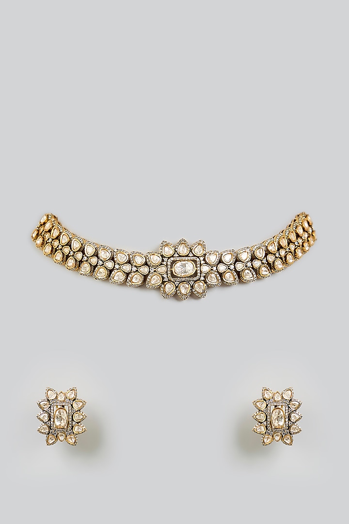 Two Tone Finish Kundan Polki & White Stone Choker Necklace Set by Zevar by Geeta at Pernia's Pop Up Shop