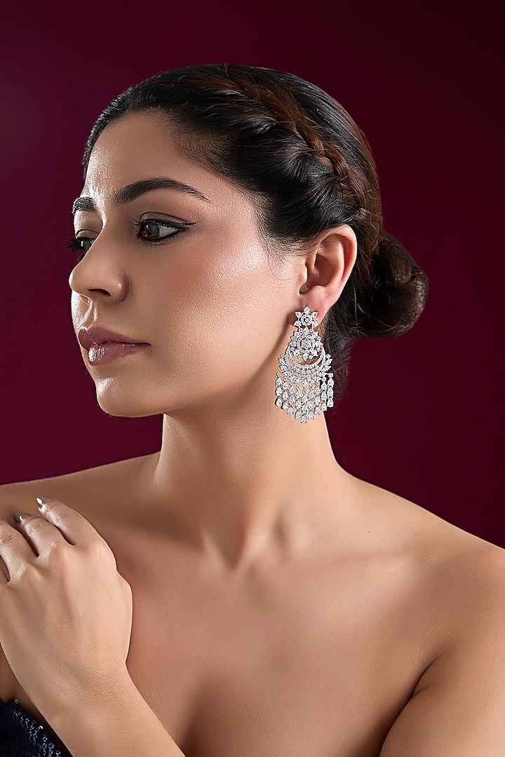 White Finish Diamond Dangler Earrings by Zevar by Geeta at Pernia's Pop Up Shop