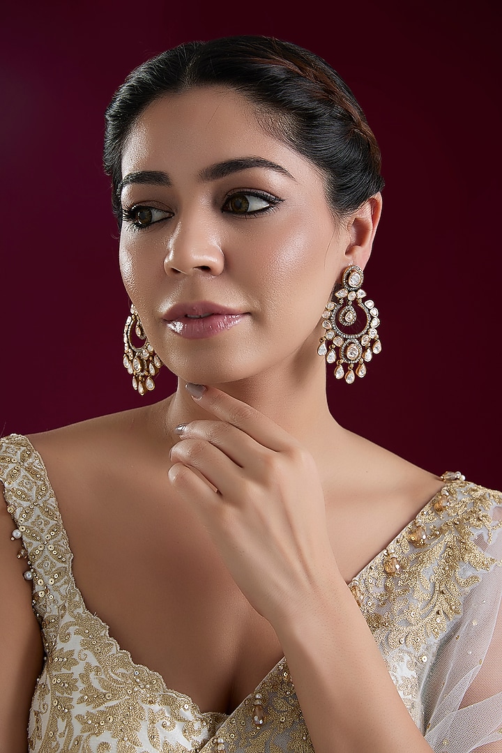 Two Tone Finish Kundan Polki Chandbali Earrings by Zevar By Geeta at Pernia's Pop Up Shop