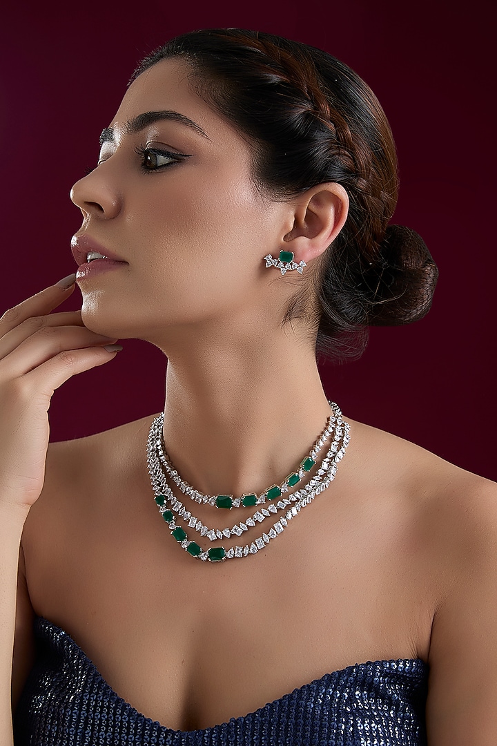 White Finish Diamond & Emerald Layered Necklace Set by Zevar By Geeta at Pernia's Pop Up Shop