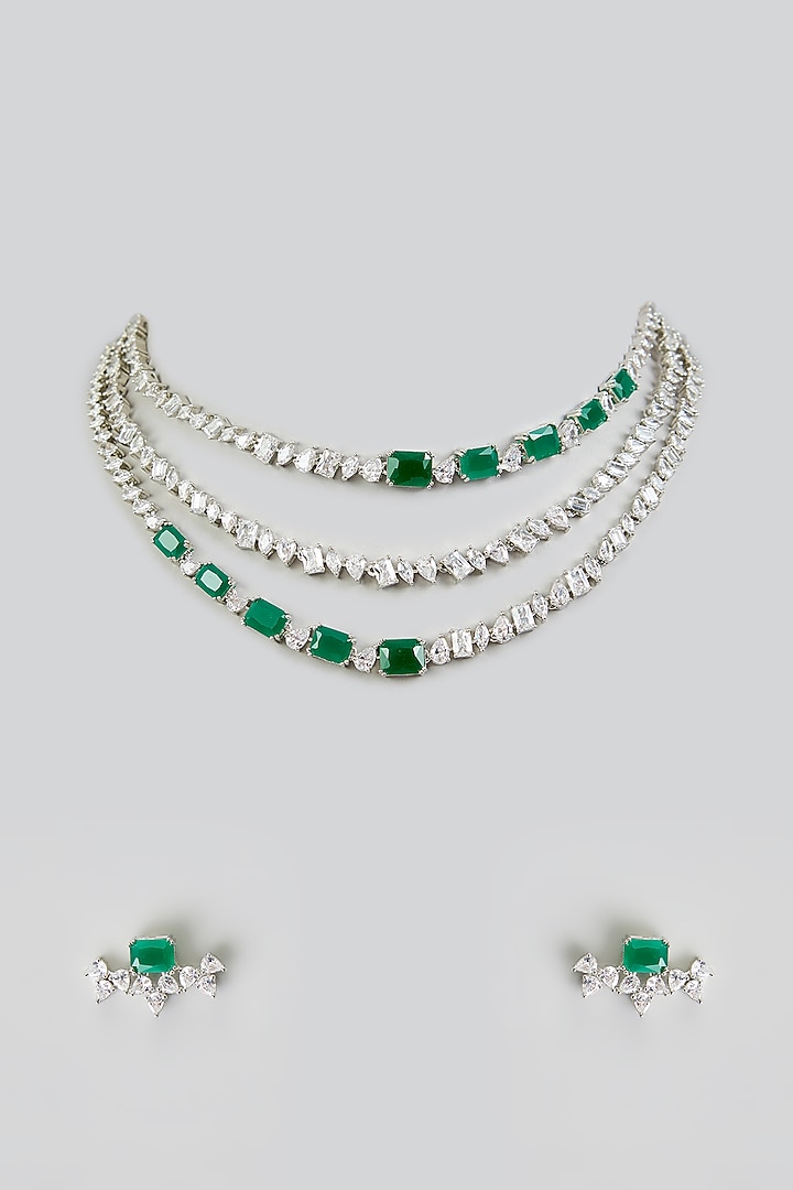 White Finish Diamond & Emerald Layered Necklace Set by Zevar By Geeta at Pernia's Pop Up Shop