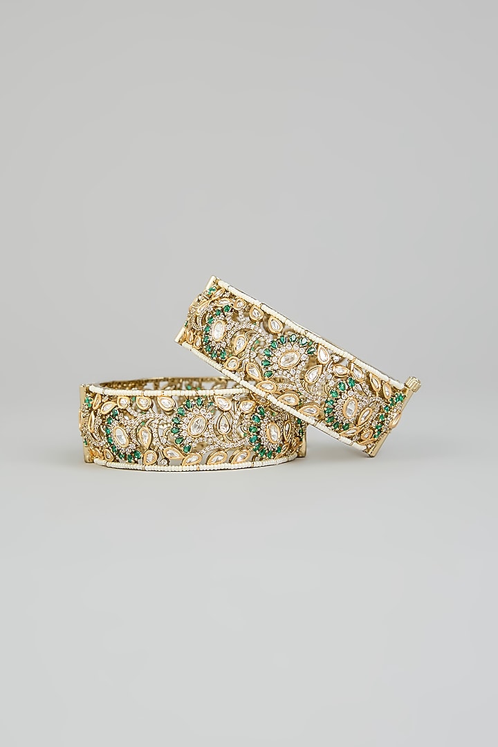 Two Tone Finish Kundan Polki & Green Stone Bangles (Set Of 2) by Zevar By Geeta at Pernia's Pop Up Shop