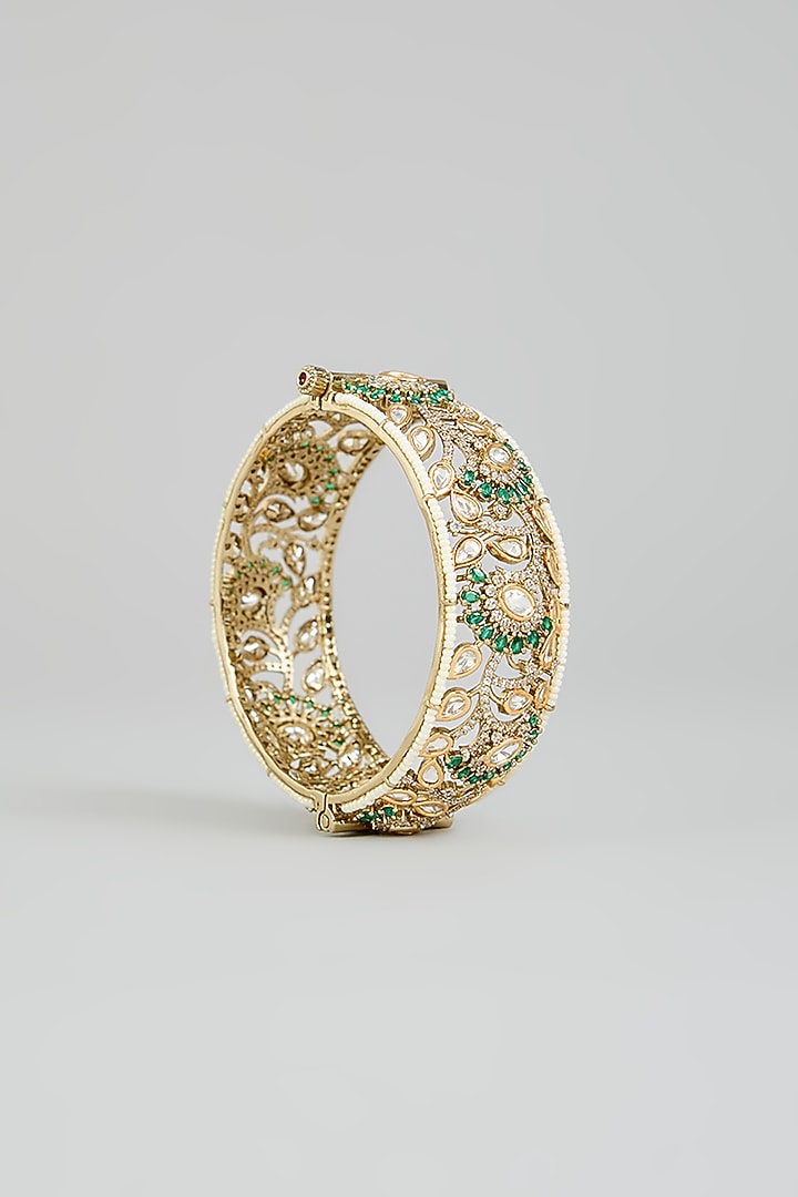 Two Tone Finish Kundan Polki & Green Stone Bangles (Set Of 2) by Zevar By Geeta at Pernia's Pop Up Shop