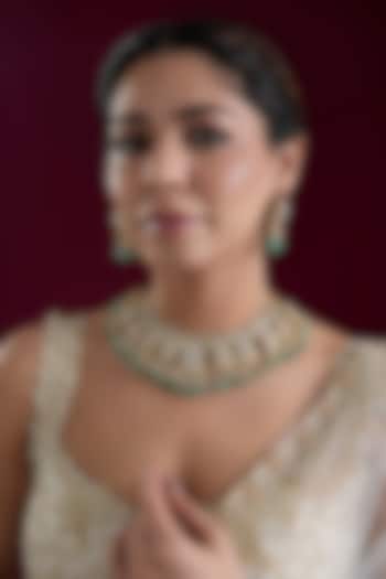 Gold Finish Kundan Polki & Green Pearl Necklace Set by Zevar By Geeta at Pernia's Pop Up Shop