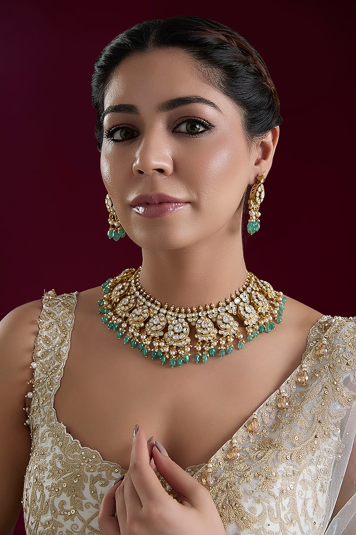 Gold Finish Kundan Polki & Green Pearl Necklace Set by Zevar By Geeta at Pernia's Pop Up Shop